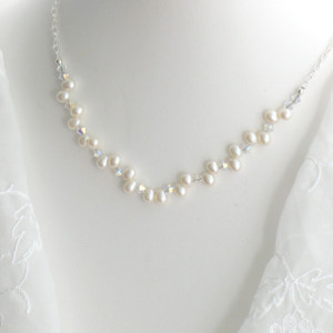 Genuine Ivory Freshwater Pearls Sterling Silver Crystal Necklace