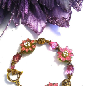 Lampwork Glass Beaded Bracelet, Lampwork Jewelry, Floral Beaded Bracelet, Butterfly Crystals, Beaded Jewelry Sale, Flower Bracelet, Spring