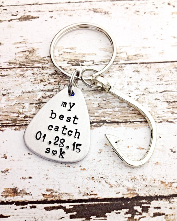 Valentines gift, FATHER'S  DAY Gift, couples gift, Hand stamped anniversary gift, Gifts for men, Fish Hook keychain, Guitar pick keychain,