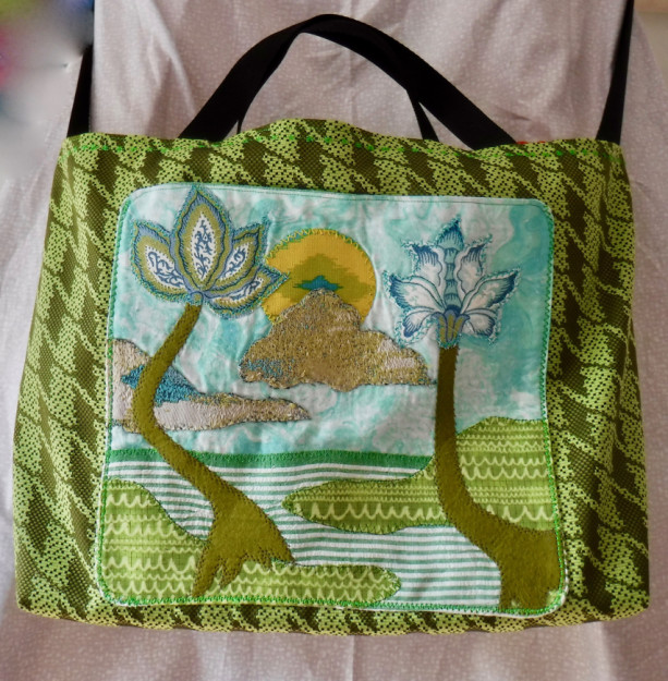 Beach bag, large tote featuring appliquéd beach scene in happy green tones!