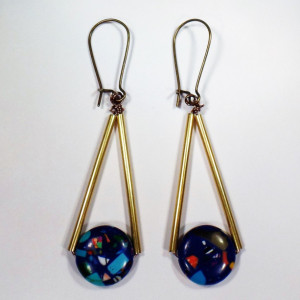 Art Deco Dangle Earrings - Blue Vintage Beads - Retro Earrings - Brass Dangle Earrings