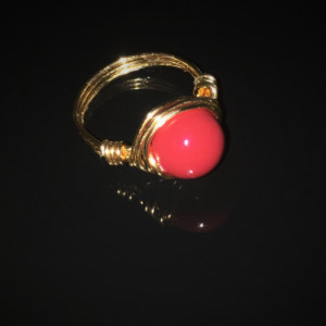 Handmade 14kt Gold Filled Wire Wrapped Red Coral Swarovski Crystal Pearl Ring
