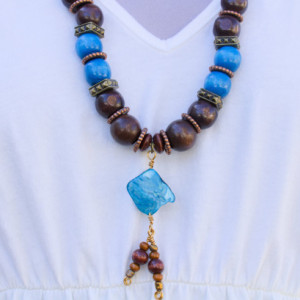 Blue and Brown Wooden Bead Necklace, Natural Beads Necklace, Earthy Necklace, Bohemian Necklace