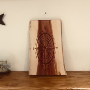 Wooden Engraved Compass, live edge wood, cedar live edge wood, wooden carving, wood engraving