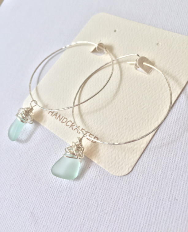 Sterling Silver 2-inch Hoops with Sterling Silver Crazy-Wrapped Blue Sea Glass, Genuine Hawaiian Sea Glass, Mermaid Tears