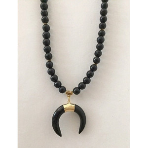 Black Glass Beaded Necklace with Horn Pendant