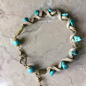 Beige leather/Bronze wire crochet chain bracelet,with turquoise beads and leaf charm. #B00248