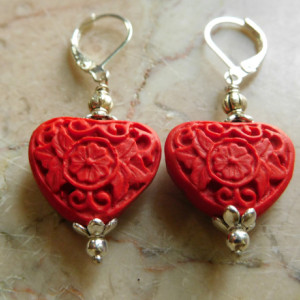 Red Cinnabar carve heart earrings, with silver tone lever back earrings. #E00308