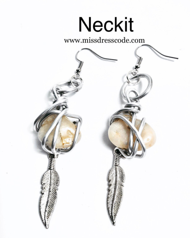 Wire Wrapped River Rock Earrings with Feather Charm