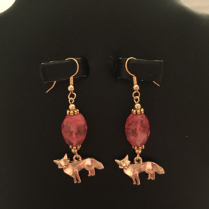 14K Gold Plated Findings and Strawberry Quartz Dangle Earrings With Foxes