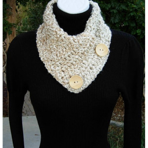 NECK WARMER SCARF, Handmade Buttoned Cowl, Off White Cream Beige Light Gray, Soft Acrylic, Crochet Knit Winter Scarflette, Natural Wood Buttons..Ready to Ship in 2 Days