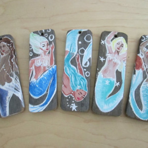 Set Of 10 Hand Painted Drift Wood Mermaid Ornaments- Holiday Home decor