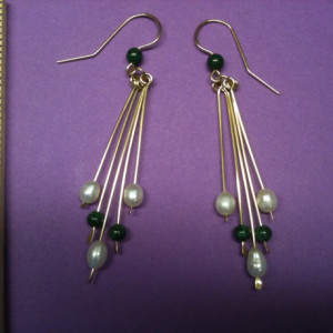 14 K Goldfilled Freshwater Pearl and  Malachite Dangle Earrings