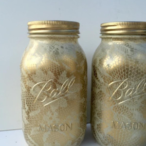 Hand Painted Ivory And Gold Lace Overlay Quart Size Mason Jars