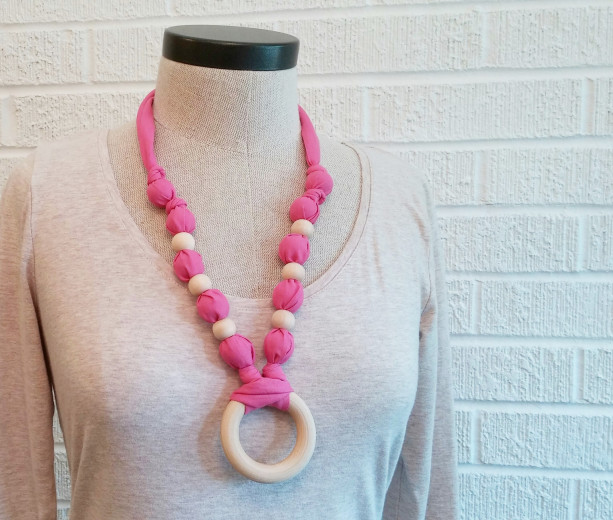 Wood Bead Pink Necklace with Ring - FREE SHIPPING - Nursing Teething, Made in USA