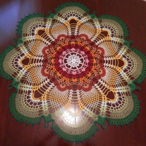 Stunning Handmade Crochet Tablecloth Doily, 36", "Rainbow Peacock Tail", Cotton 100%, FREE shipping