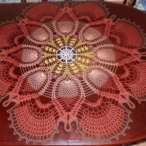 Stunning Real Handmade Crochet Tablecloth Doily, "Reacock Tail", Round, 47", BROWN/YELLOW colors, 100% Cotton