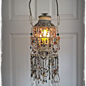 FLAMBOYANT GYPSY "Chande-Lantern" - Repurposed Antique RR-Lantern, She-Shed-Chic Chandelier w/Flameless Flickering Candle, Flashy Decor