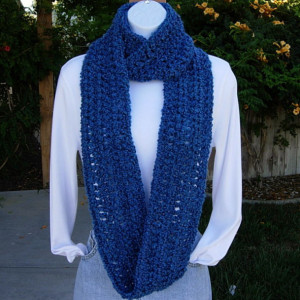 Medium Dark Solid Blue COWL SCARF Infinity Loop, Extra Soft Long Crochet Knit Lightweight Winter Eternity Circle Endless..Ready to Ship in 3 Days