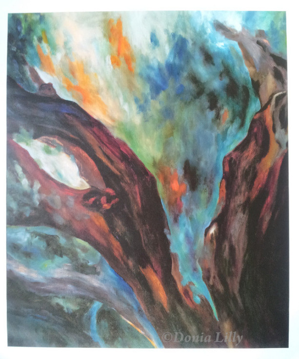 SALE! EARTHY RED Oversized Abstract Tree Art canvas giclee print of oil painting in turquoise, orange, black, green, teal by Hawaii artist