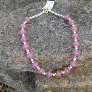 Necklace-Pink Glass, Faux & White Pearl, Clear Glass
