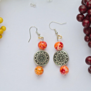 Antique silver sun bead with Fall orange and red color bead earrings/Under 20 dollars