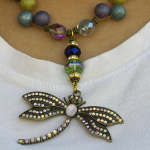 Dragonfly necklace, Dragonfly pendant, Aurora Borealis Necklace, Purple, Green, Blue Necklace