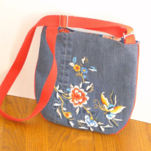 Over the Shoulder and Crossbody Hobo Tote bag from upcycled jeans with machine embroidery and adjustable straps