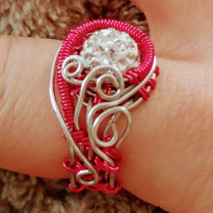 Pink and Silver wire wrapped ring, US size 6