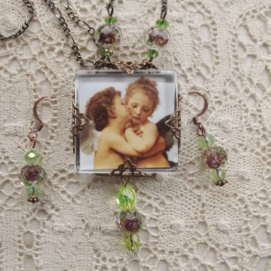 First Kiss Angel Cupid Victorian Filigree Necklace Earring Set