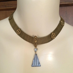 OOAK Vintage Blue Crystal Gold Mesh Pendant Necklace