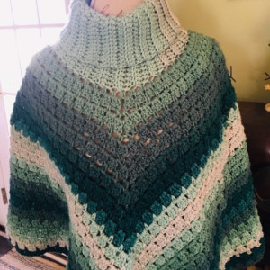 Womens green and cream cowl neck sweater poncho