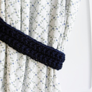 Dark Solid Navy Blue Curtain Tiebacks Tie Backs Set, One Pair of Thick Drapery Holders for Drapes, Crochet Knit, Basic Simple Handmade, Customizable