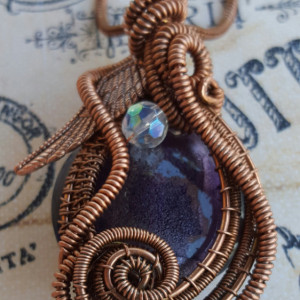 Wire Wrapped Steampunk Copper Pendant with Purple Foil Glass Bead