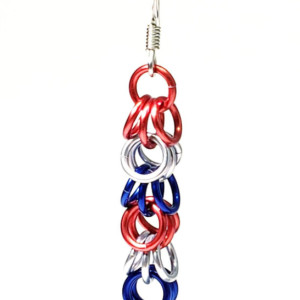Patriotic dangle earrings chainmaille shaggy loops red white and blue