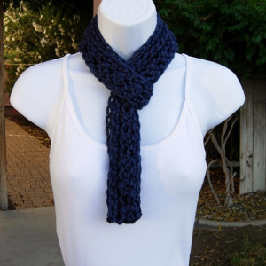 Women's Small Navy Blue Skinny SUMMER INFINITY SCARF, Solid Dark Blue Cowl, Soft Lightweight Crochet Knit Narrow Circle, Ready to Ship in 2 Days