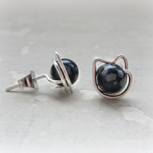 Spotted Cat Stud Earrings, Sterling Silver Posts, Pet Lover, Kitty Stud Earrings, Black Grey Cats, Cat Jewelry, Kitty Cat, Cat Post Earrings