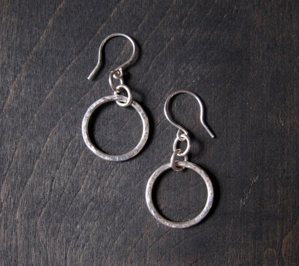 Sterling Silver Dapple Hammered Drop Hoop Earrings - Hand Forged From Recyled Metal