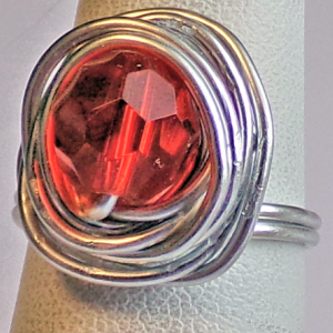 Artisan Handcrafted Made in USA Silver Tone Ring with Bright Red Bead