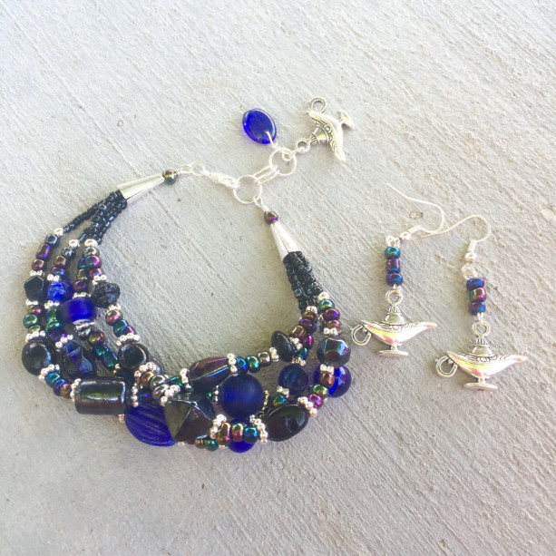 Black and blue glass quadruple strand Aladdin magic lamp bracelet and earrings