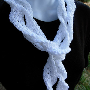 Solid White Skinny SUMMER SCARF Small 100% Cotton Spiral Crochet Knit Narrow Lightweight Warm Weather Women's Scarf, Ready to Ship in 2 Days