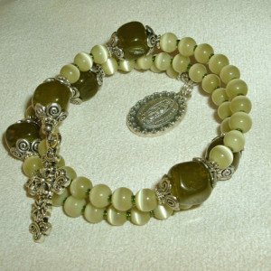 Rosary Bracelet of Green Catseye Glass Beads, Silvertone Findings