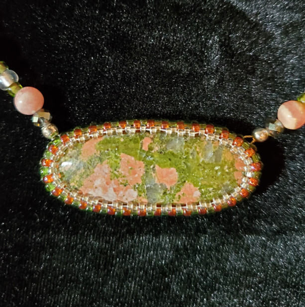 Necklace/Earrings - Unakite Gemstone in Glass Beaded Bezel, ID - 101