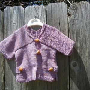 Merino Wool Knit Sweater, Hand Knit Cardigan, Modern Pattern Cardigan for Baby Girl 9-12 mo, Pink Mauve Knitted Sweater