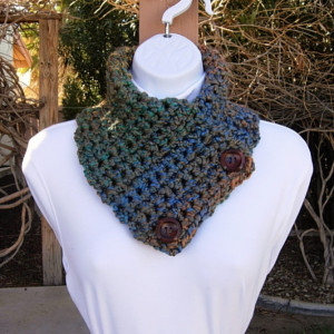 Women's Winter Colorful Crochet Knit Neck Warmer Scarf with Two Large Wood Buttons, Thick Soft Blue Rust Orange Teal Green Taupe Brown Buttoned Cowl, Ready to Ship in 3 Days