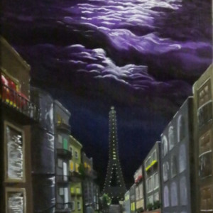 Acrylic painting cityscape Paris city street with buildings,wet road and eiffel tower under purple storm clouds