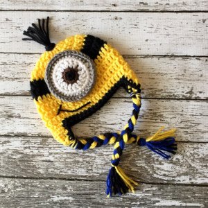 Minion Inspired Beanie in Yellow, Black and Blue with Matching Shorts Overalls- MADE TO ORDER