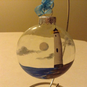 Ornament,  glass, lighthouse, white, with beach and water,hand painted