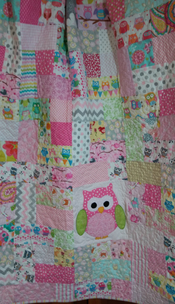Modern baby girl owl quilt, handmade pastel pink crib quilt, Ready to ship owl nursery blanket