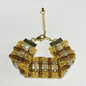 Handmade Bead Loom Bracelet Facetted Glass Rhinestone Spacer Beads Brown Amber